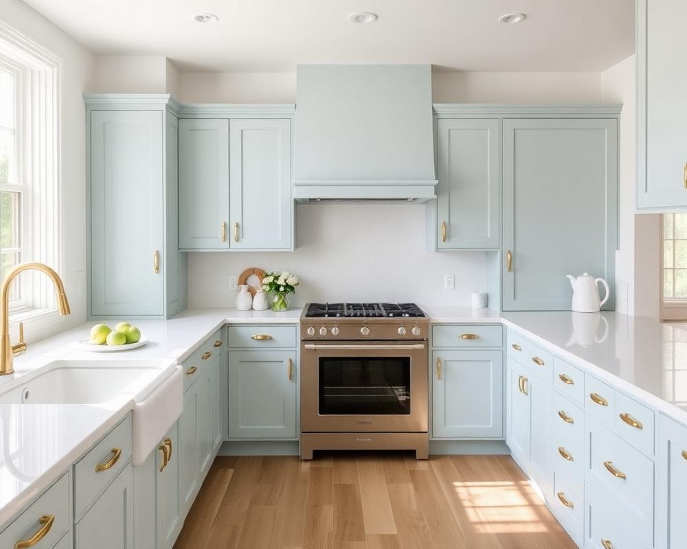 Kitchen cabinets refinished in a soft pale blue with brass hardware